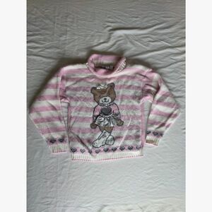 Vintage Heartworks Kids Pink & White Teddy Bear Sweater size M 5/6